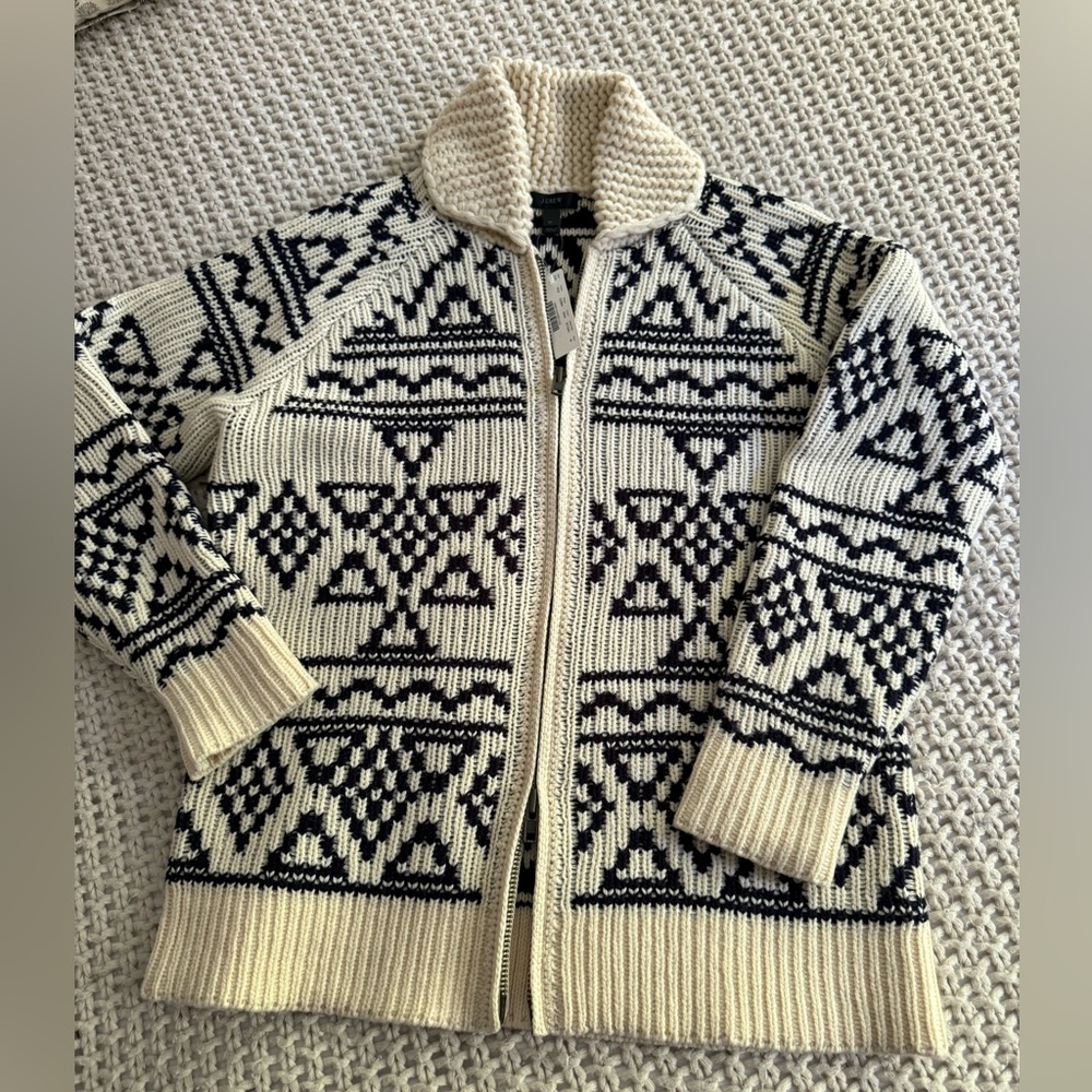 J. Crew Women’s Cream and Black Patterned Two-way Zip Cardigan